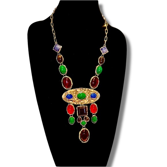 NATASHA Super Shiny Colorful Polished Gold & Gemstone Statement Necklace NWT - Picture 3 of 9